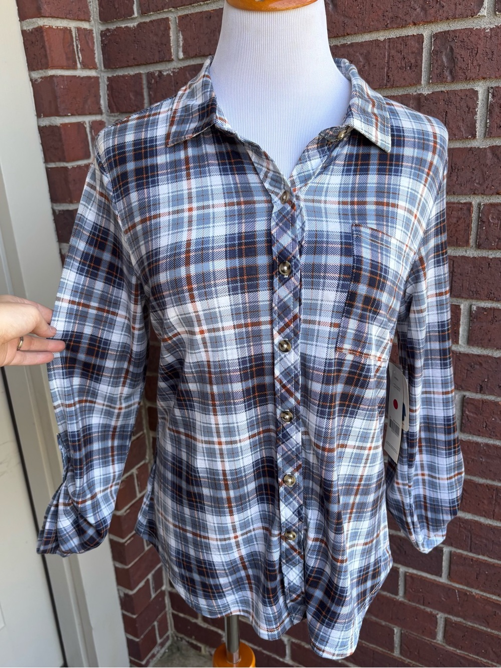 just be Plaid Shirt in Blue, White & Brown with Orange Accent